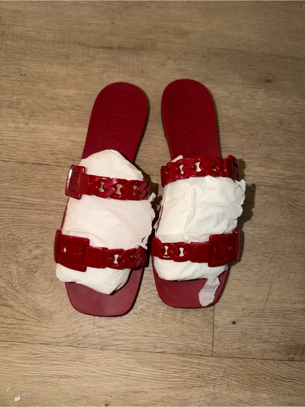 Gucci Red Chain-Link Double Strap Slide Sandals